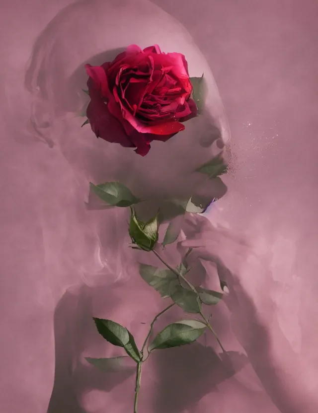 Prompt: a double exposure image of a person and a rose flower by brando chiesa, yeray perez and juan david rendon