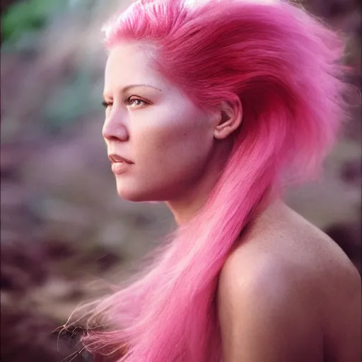 Image similar to a beautiful woman with pink hair and fair skin, portrait photograph, nikon 3 5 mm, photograph by annie leibovitz and steve mccurry,