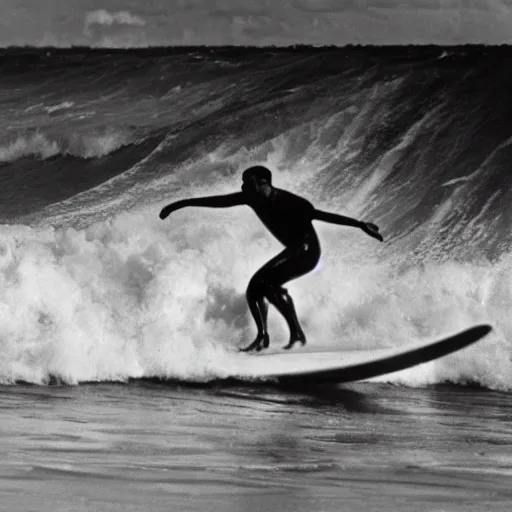 Image similar to An old photo of Hitler surfing at the Hawaii, 1930, black and White, High quality