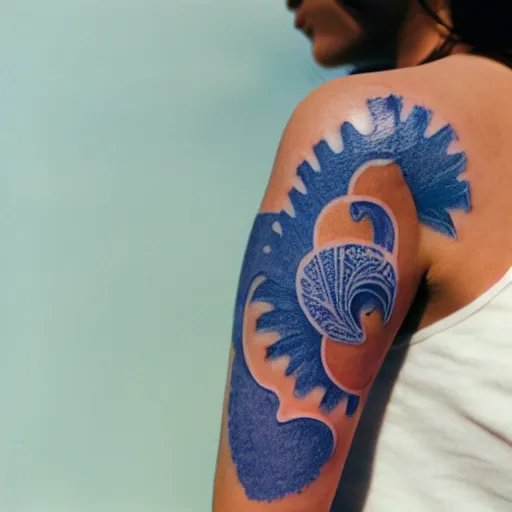 Prompt: Tattoo on arm of blue heart, cinestill, 800t, 35mm, full-HD