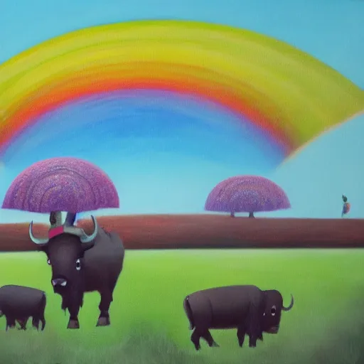 Prompt: buffalos grazing a field of umbrellas with a waterfall and a rainbow in the background, oil on canvas