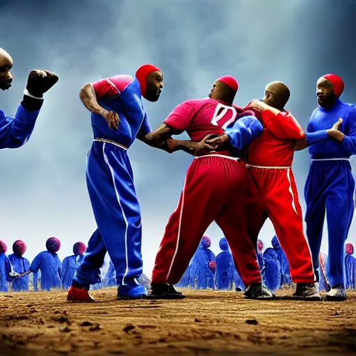 Image similar to crips vs bloods, uhd, 8 k photograph by emanuele dascanio and robin eley