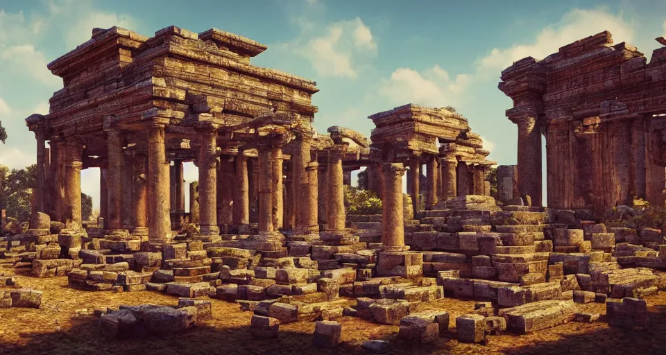 Image similar to Ancient temple ruins, hyperdetailed, artstation, cgsociety, golden hour 8k