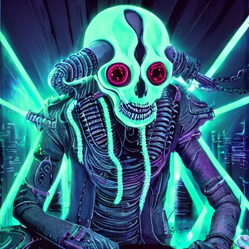 Image similar to cyberpunk undead lich ilithid mindflayer wearing headphones and playing synthesizers, D&D, laser lights, highly detailed, realistic, technology and magic,