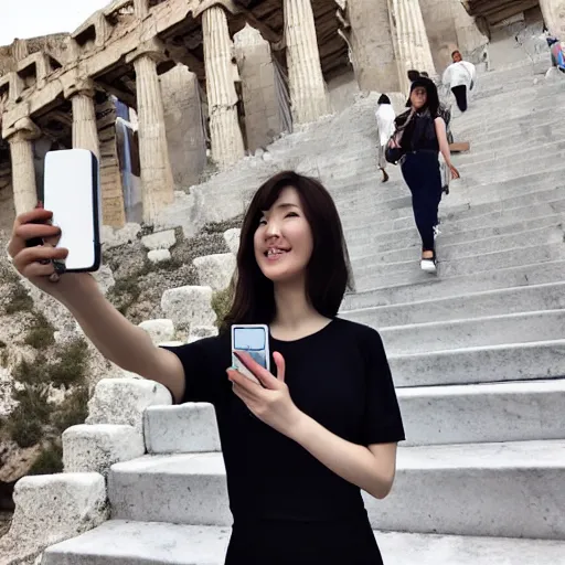 Prompt: female korean twitch streamer visiting greece and taking selfies