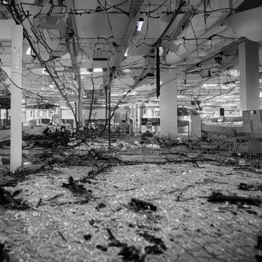 Image similar to a ransacked grocery store, broken signs, filthy flooring. Vines growing. Award-winning photo. OM system 12–40mm PRO II 40mm, 1/100 sec, f/2 8, ISO 800