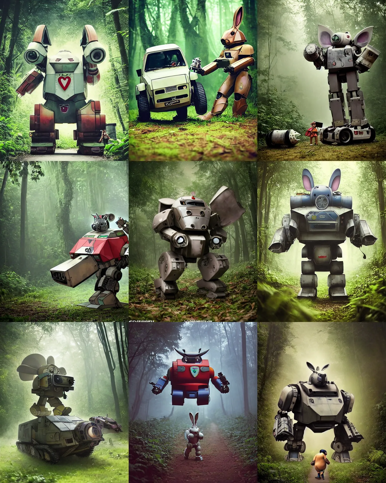 Prompt: epic chase!!!giant oversized battle rabbit robot chubby fat mech with big ears as battle mecha rabbit robot weapon fiat 126p , in jungle forest !!! , full body , Cinematic focus, Polaroid photo, vintage , neutral dull colors, foggy mist ,by oleg oprisco , by victor enrich , by gregory crewdson , by discovery channel