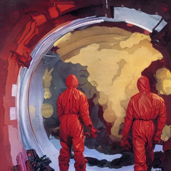 Prompt: two scientists wearing red and silver hazmat suits, entering the geometric neon crystal dimensional gateway by frank frazetta