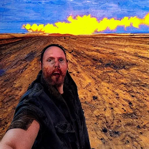 Image similar to armageddon they will be dead and we go to paradise, funny and frightened ukrainian burned to bones in dirty yellow and blue rags on the background of a huge nuclear explosion hyperrealism, selfie