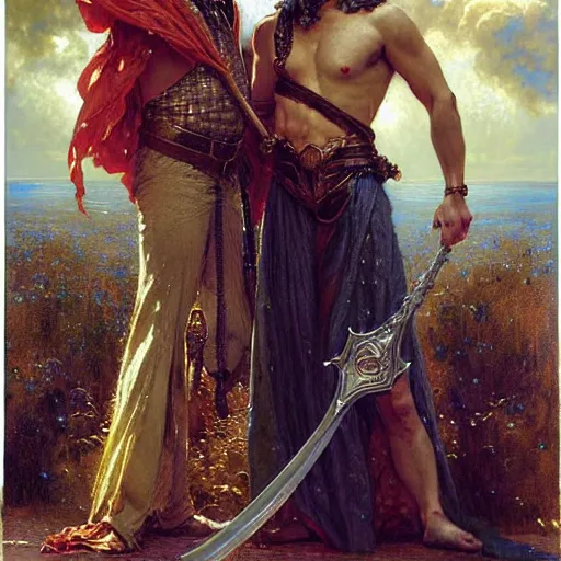 Image similar to stunning arthur pendragon in love with stunning male merlin the mage. they are close to each other. highly detailed painting by gaston bussiere, craig mullins, j. c. leyendecker