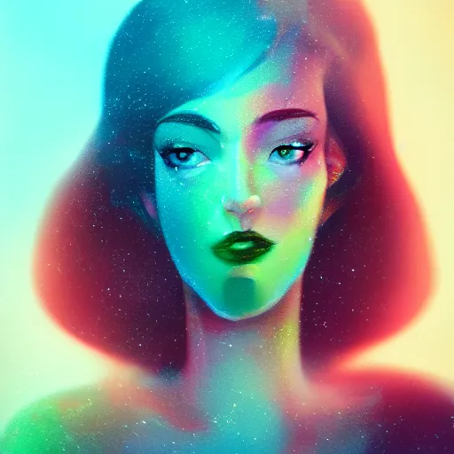 Prompt: portrait of a woman inspired by lois van baarle, illustration iridescent bubbles, hair styles, light make up, cinematic 8 k