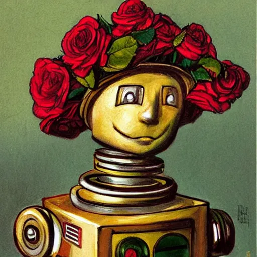 Image similar to a portrait of a robot wearing a hat full of roses, by Otto Eerelman