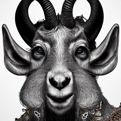 Prompt: studio portrait of the anthropomorphic goat man, a humble thief super fine surreal detailed face illustration by kim jung gi, iraq nadar, intricate lines, clear focus, vivid colors, matte, octopath voyager, skyrim, unreal engine highly rendered, radiant light, intricate, trending