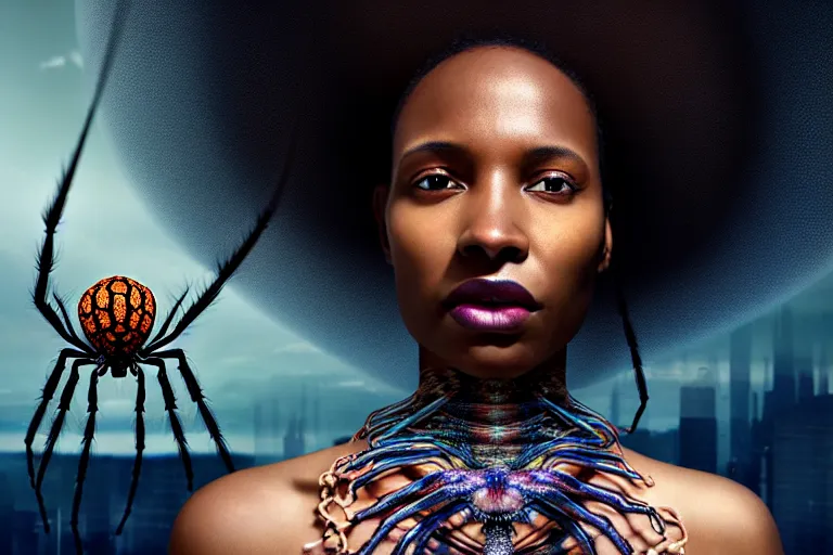 Image similar to realistic detailed closeup portrait movie shot of a beautiful black woman with a giant spider, dystopian city landscape background by denis villeneuve, amano, yves tanguy, alphonse mucha, max ernst, ernst haeckel, kehinde wiley, caravaggio, cyber necklace, rich moody colours, sci fi patterns, wide angle