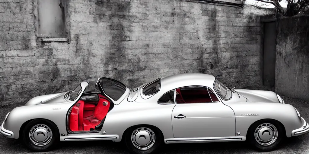 Image similar to abadoned silver porsche 356 roadster, roof up, red interior, white background, unreal engine