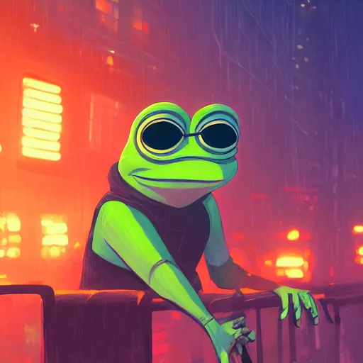 Prompt: Pepe the Frog in Blade Runner, ambient lighting, 4k, anime key visual, lois van baarle, ilya kuvshinov, rossdraws, artstation