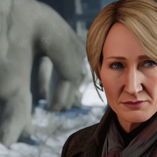 Prompt: Film still of J. K. Rowling, from Red Dead Redemption 2 (2018 video game)