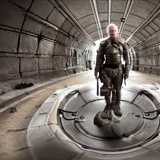 Image similar to cinematic shot of john mccain wearing futuristic armor in a sewer, very detailed, very intricate,