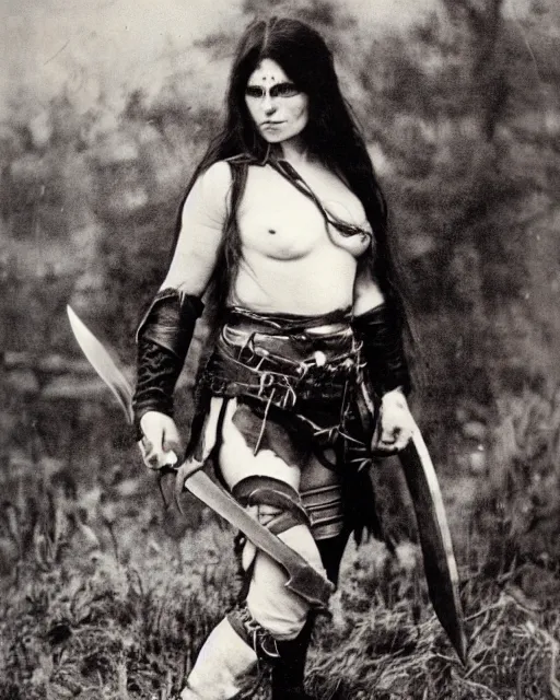 Image similar to female half orc with brown hair, melee weapons, dnd, leather clothing, photo by gertrude kasebier