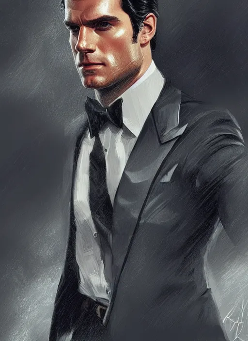 Prompt: portrait of henry cavill as james bond, casino, rain, key art, highly detailed, digital painting, artstation, concept art, cinematic lighting, sharp focus, illustration, art by artgerm and greg rutkowski and alphonse mucha