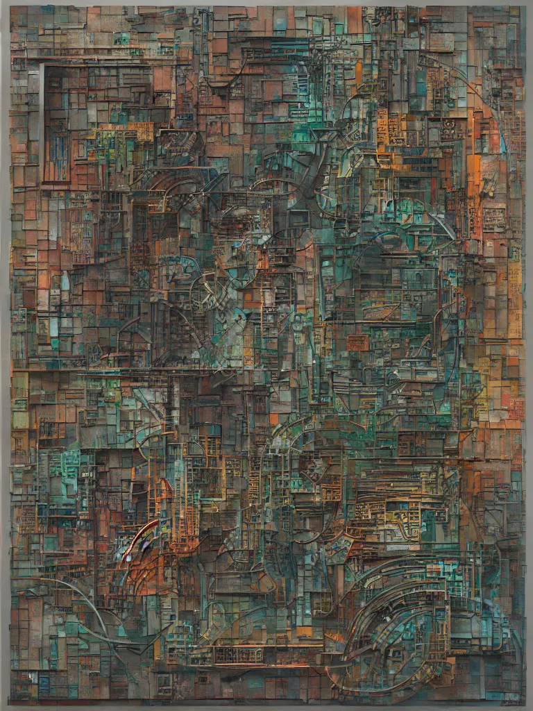 Image similar to a beautiful sculpture by louise nevelson and louis sullivan of a complex subway map, color bleeding, pixel sorting, brushstrokes by jeremy mann, studio lighting, square shapes by robert proch