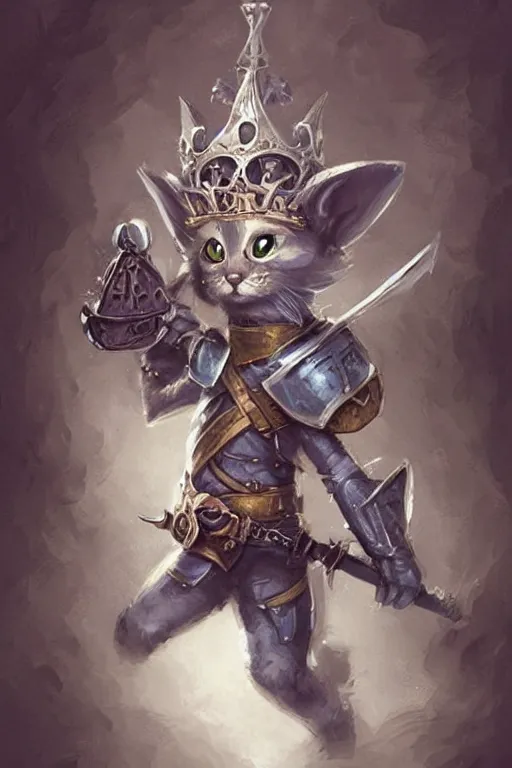 Image similar to cute little anthropomorphic cat knight wearing a cape and a crown, tiny, small, miniature cat , baby animal, short, pale blue armor, cute and adorable, pretty, beautiful, DnD character art portrait, matte fantasy painting, DeviantArt Artstation, by Jason Felix by Steve Argyle by Tyler Jacobson by Peter Mohrbacher, cinematic lighting