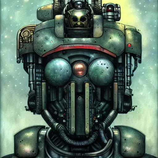 Prompt: futurist cyborg space marine, perfect future, award winning art by santiago caruso, iridescent color palette