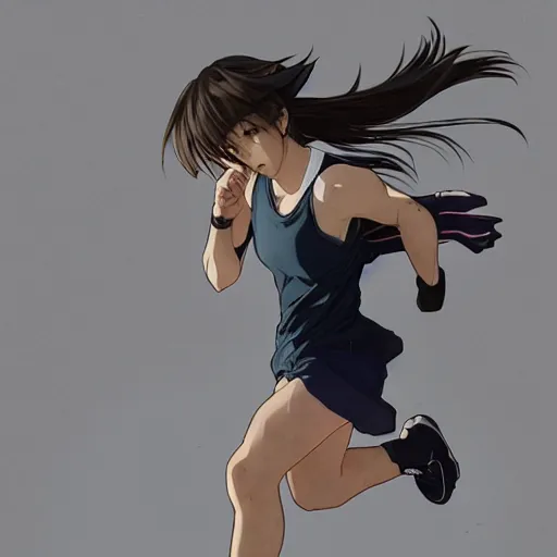 Image similar to a girl is running, sport clothing, anime style, short hair, hair down, symmetrical facial features, from arknights, hyper realistic, 4 k, rule of thirds, extreme detail, detailed drawing, trending artstation, realistic lighting, ultra hd, by alphonse mucha, greg rutkowski, sharp focus, backlit, real faces, realistic anatomy