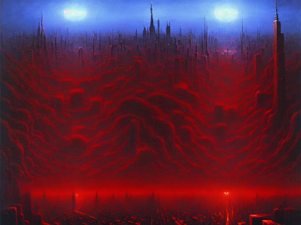 Prompt: an epic cityscape painting of a nightmarish hellscape full of cosmic horrors, by zdzisław beksinski and greg rutkowski, wall street, horror, surreal, cyberpunk, dark, vivid, red, blue, oil on canvas, epic, dramatic, cinematic