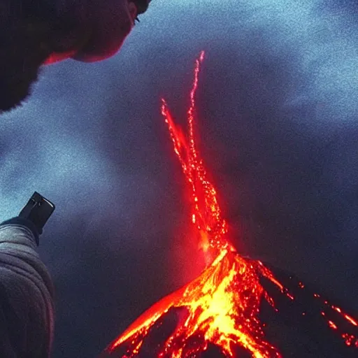 Prompt: Frodo taking a selfie after destroying the one ring inside Mount Doom. Fiery lava is flying through the air on both sides. photograph, go pro, fire , lava, self portrait.