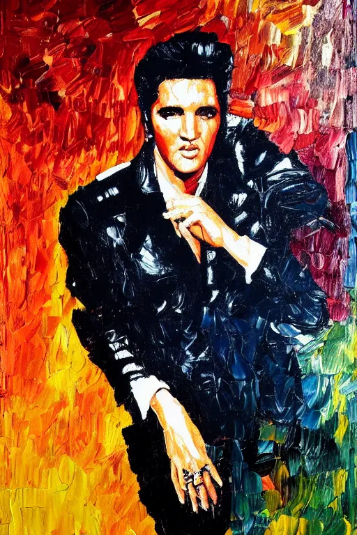 Prompt: highly detailed palette knife oil painting of Elvis Presley, wealthy, wise, by Peter Lindbergh, impressionistic brush strokes, painterly brushwork