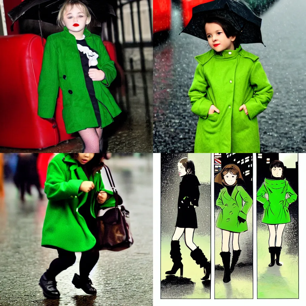 Prompt: a little girl wears a green coat in a rainy london night in Style of Sin city and Frank miller