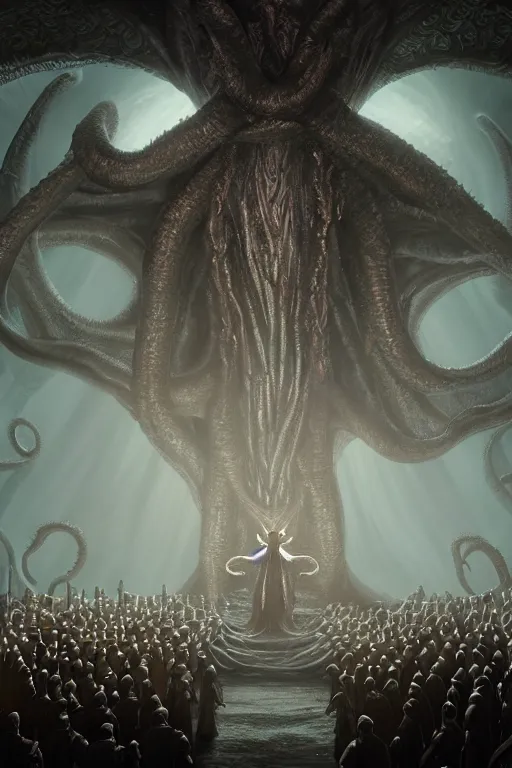 Image similar to center view of a group of priest in circle invoking an hyper realistic lovecraft creature portrait in a huge ritual portal, 4 k, fantasy art, glamorous composition, wide - angle shot, cinematography lighting, volumetric fog, vivid colors, realistic, octane render, unreal engine, frank frazzeta, hyper realistic matte painting