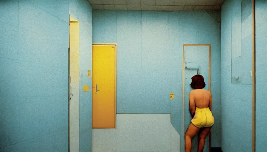 Prompt: 60s movie still of an empty sauna corridor fade yellow light and light blue tiles floor in the backrooms, random people , cinestill 800t 50mm eastmancolor, liminal Space style, heavy grain