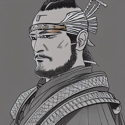 Prompt: a profile picture of powerful japanese samurai wearing pirate bandana, detailed face, face symmetry, avenger, character concept portrait by moebius and laurie greasley, profile picture, 8 k, cinematic color grading