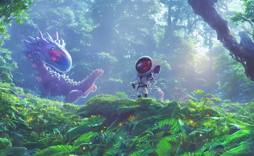 Image similar to a still of a cute adorable tiny astronaut, on a planet of lush foliage, with an enormous kaiju dragon surrounding, magical forest, sharp focus, neon backlit, highly detailed, disney pixar studio ghibli makoto shinkai, digital painting, matte, octane render, global illumination, iridescent, anime, 8 k concept art