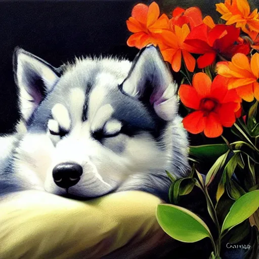 Image similar to beautiful painting of a cute husky sleeping in flowers. sci fi concept art by * caravaggio *