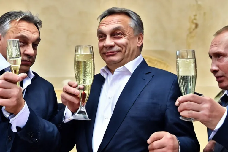 Image similar to viktor orban drinking champagne with putin in front a burning city