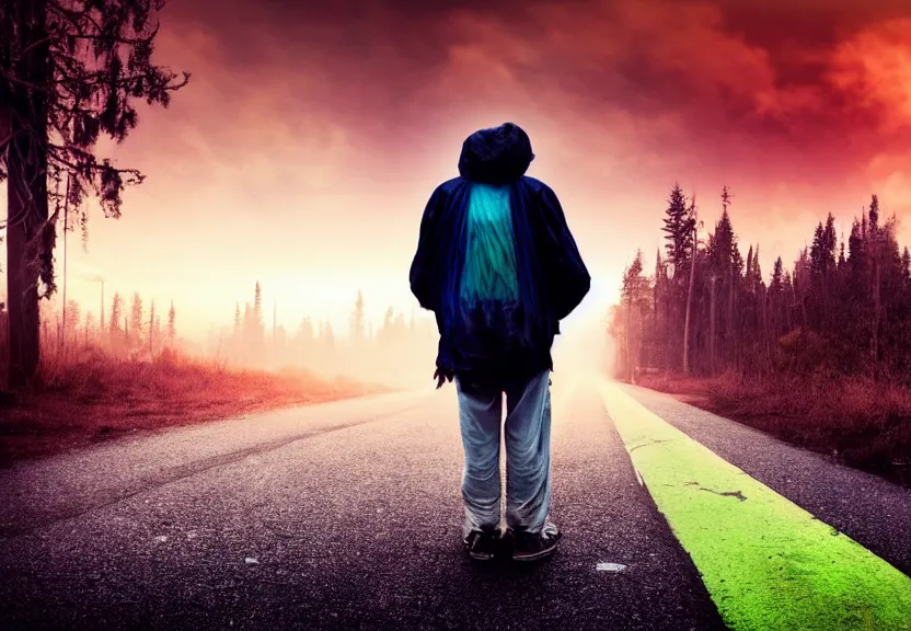 Image similar to a sad rumpled old homeless with torn clothes goes into the distance with his torn old backpack, neon road, magical sunset, gloomy forest, magical fog, depression, post - apocalypse