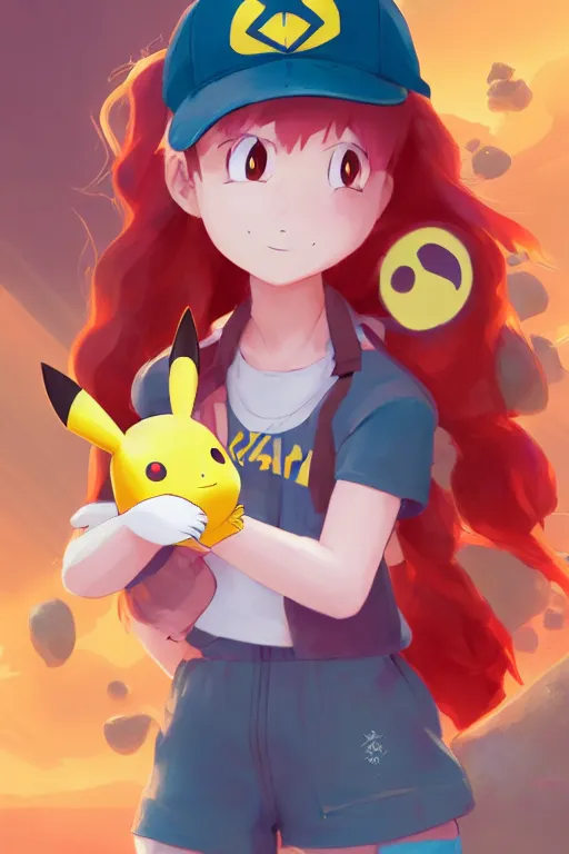 portrait of cute pokemon trainer girl with vibrant red, Stable Diffusion