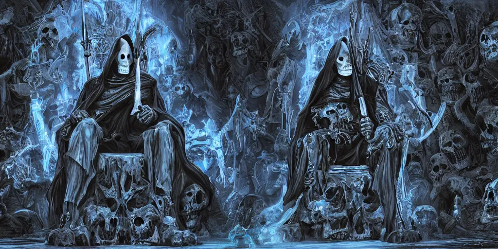 Image similar to Grim reaper sitting on a throne made of skulls, wide shot, digital art, fantasy, concept art, highly detailed, dark colors, blue tint,