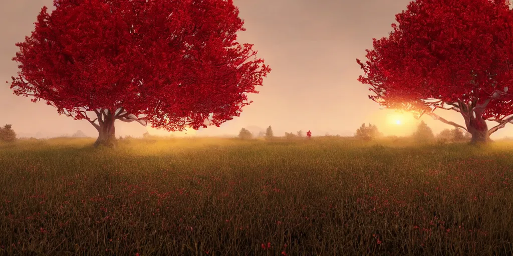 Image similar to a single big red tree in the middle of a battlefield near a bunch of red flowers at sunrise, hyperrealistic, concept art, octane render, unreal engine 5, trending on Artstation, high quality, 8K, dramatic lighting, cinematic, high coherence, highly detailed, Midjourney style, epic scene, path traced, low contrast, complementary colors