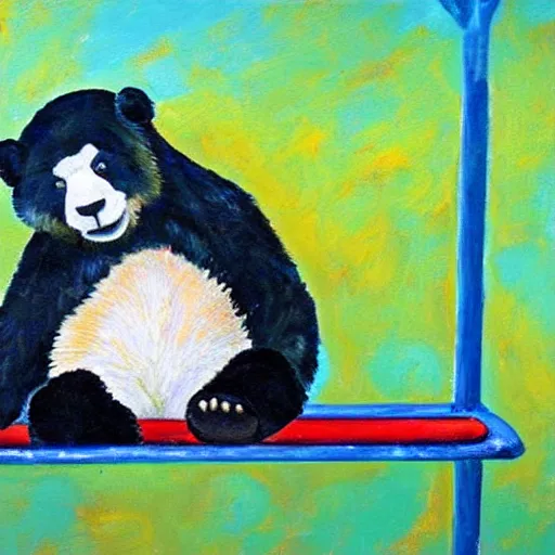 Image similar to beautiful acrylic! impasto! painting of a sad, crying panda bear on a playground swing