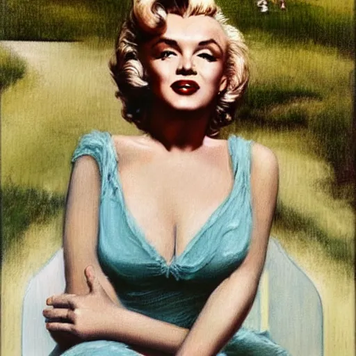 Prompt: Marilyn Monroe on a bench at the park, head and shoulders portrait, extremely detailed masterpiece, Roger Deakin’s cinematography, oil on canvas, Norman Rockwell.