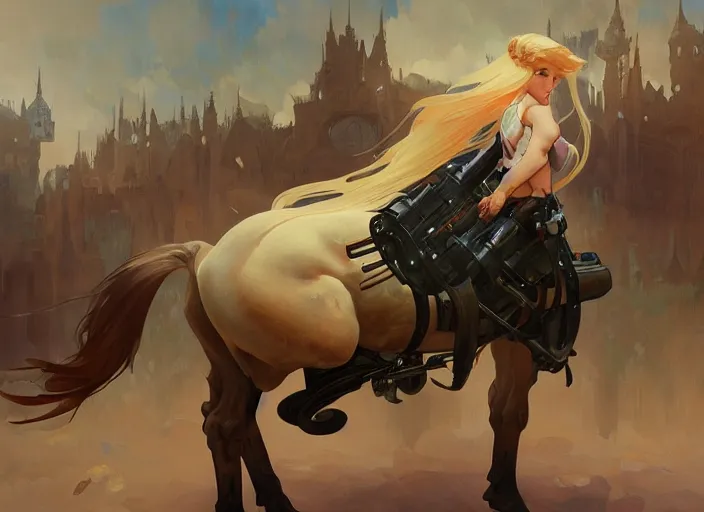 Image similar to a giant poney with a giant cannon in his back, exoskeleton, technology, chimeric, elegant, highly detailed, digital painting, artstation, concept art, smooth, sharp focus, illustration, art by krenz cushart and artem, demura and alphonse mucha