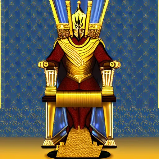 Prompt: a tall and powerful royal knight in golden armor bowing to his king in a throne room, digital art, harsh lighting