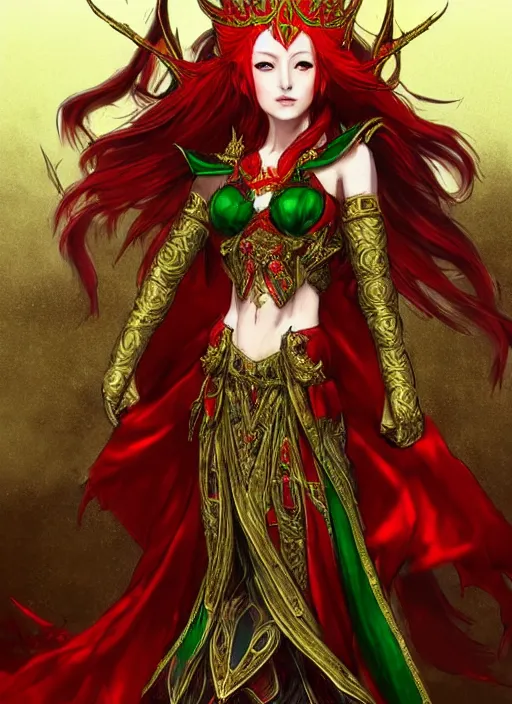 Image similar to Full body portrait of a beautiful red haired elven queen wearing red, green and gold ceremonial queen dress and elaborate golden crown. In style of Yoji Shinkawa and Hyung-tae Kim, trending on ArtStation, dark fantasy, great composition, concept art, highly detailed.