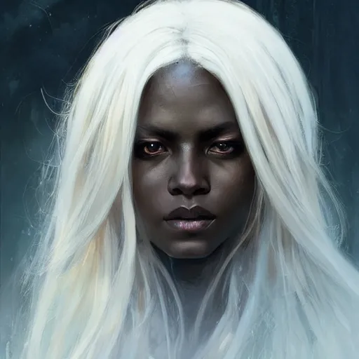 Image similar to headshot immortal blac female wizard ; black brown skin ; white hair ; wise, realistic shaded lighting poster by craig mallismo, artgerm, jeremy lipkin and michael garmash, unreal engine, radiant light, detailed and intricate environment, digital art, art station trends