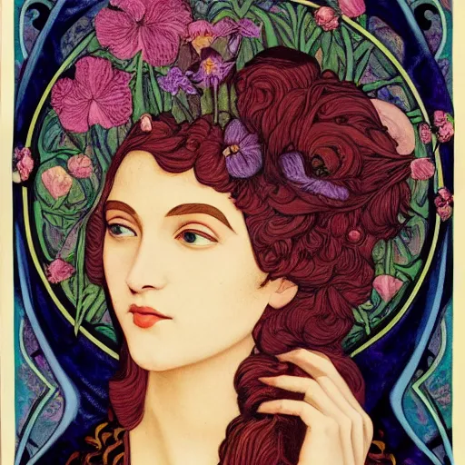 Image similar to a painting of a woman with flowers in her hair, an art deco painting by leo and diane dillon, behance contest winner, art nouveau, pre - raphaelite, made of flowers, wiccan