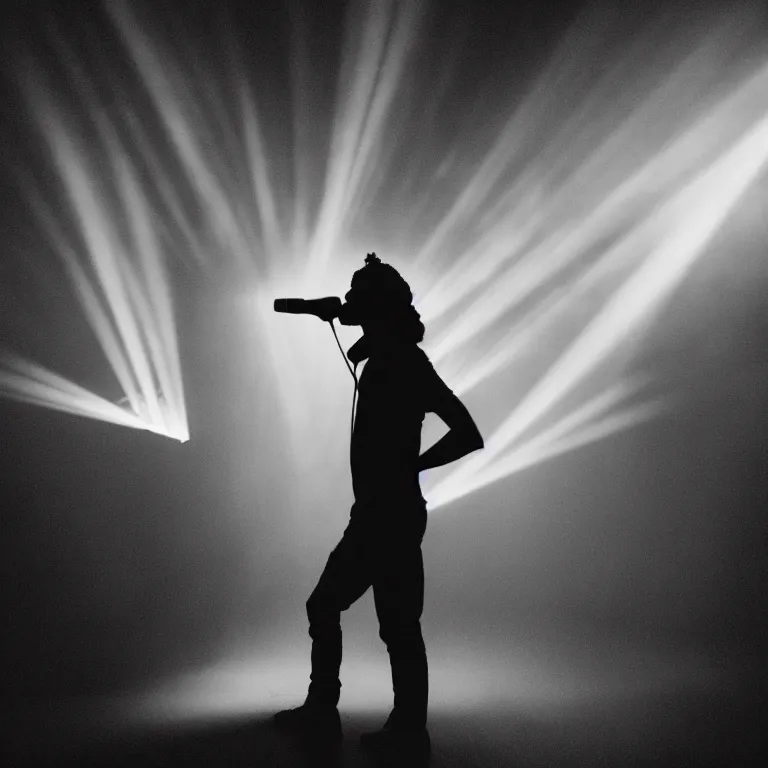 Image similar to arm holding microphone, epic pose, profile view, silhouetted, distinct figure, psychedelic hip-hop, laser light show, fog, beams of light